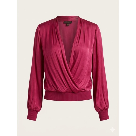 Current Air Tops - Current Air Wrap Blouse XS Burgundy Satin Ribbed Knit Cuff Romantic Coquette